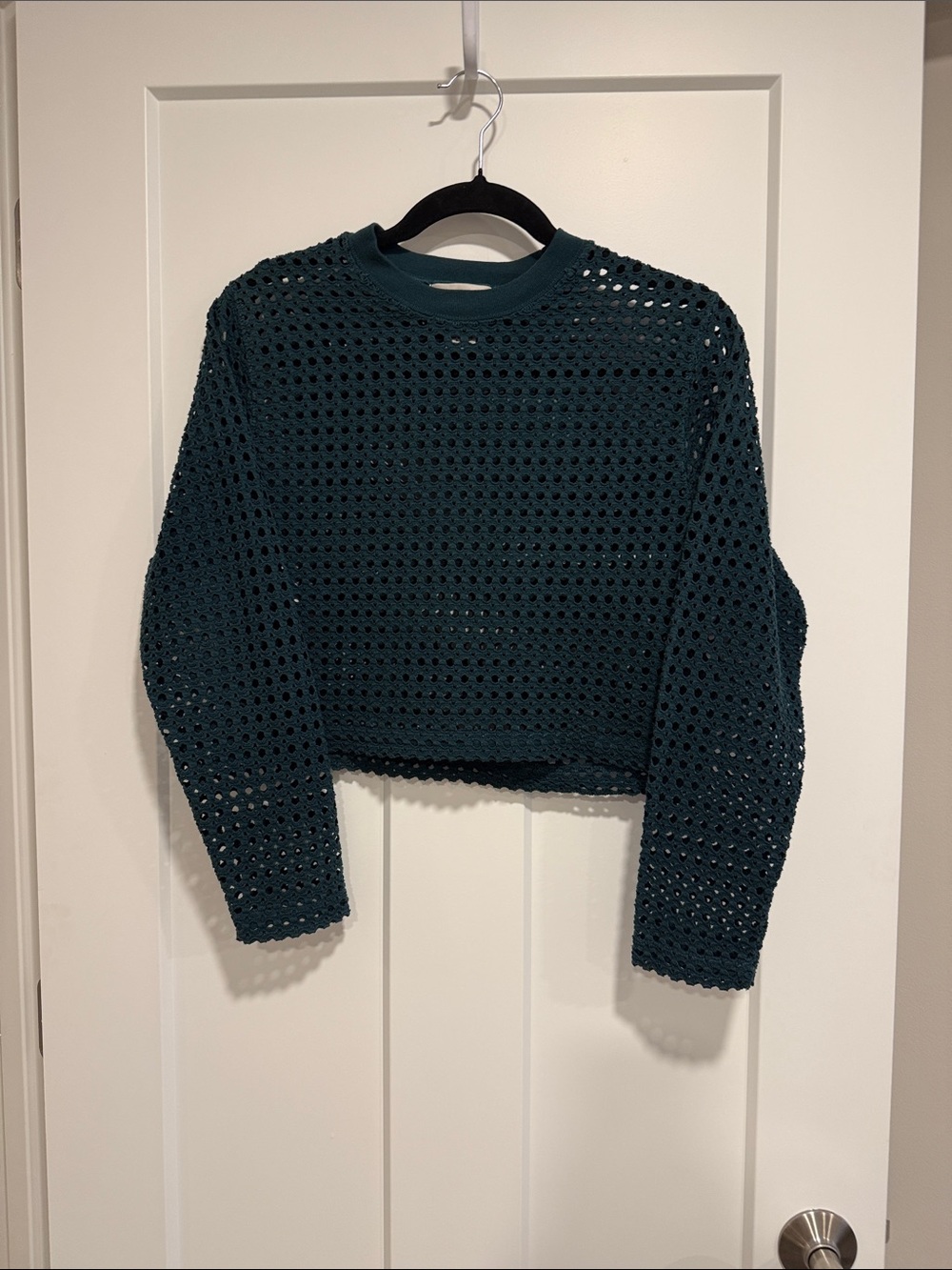 Vintage 90s EXTRA Teal Crochet Knit Cropped Sweater Top Women’s M